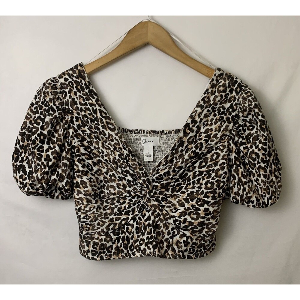 Japna Leopard Print Crop Top Size L Smocked Back V Neck Puff Short Sleeve Blouse